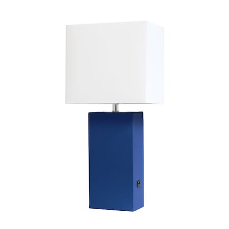 Modern Leather Table Lamp With USB And White Fabric Shade, Blue